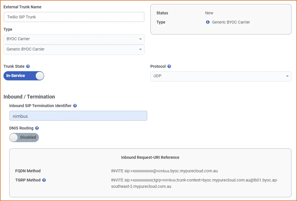 A screenshot of the SIP Trunk Termination settings in Genesys Cloud.