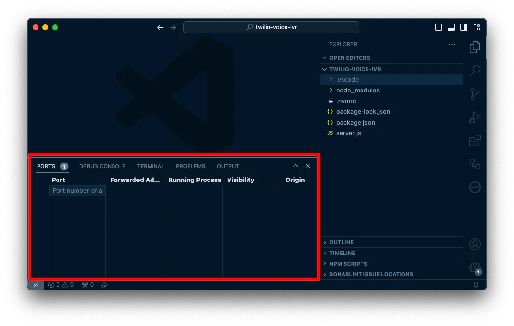 The Ports panel in VS Code, after you click the "Add Port" button it starts a new row and you can enter the port number.