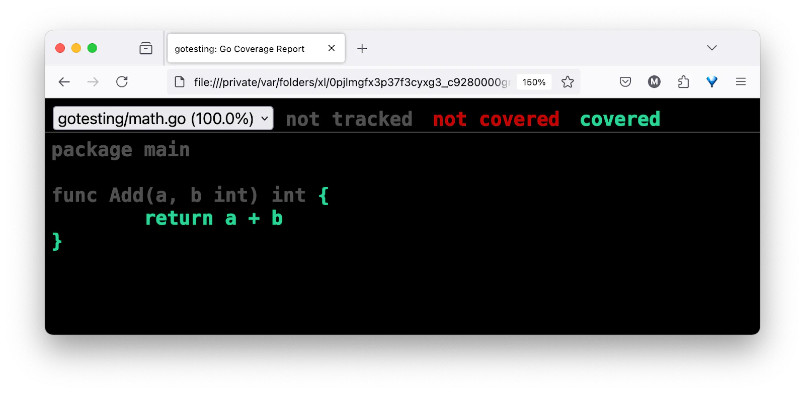 Screenshot of Go coverage report showing 100% code coverage for math.go file. Screenshot of Go coverage report showing 100% code coverage for math.go file.