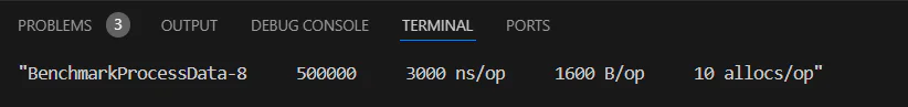 VS Code terminal displaying benchmark processing data metrics including operations, time, and data size. VS Code terminal displaying benchmark processing data metrics including operations, time, and data size.