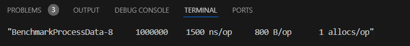 A terminal window showing benchmark results for BenchmarkProcessData-8 with performance metrics. A terminal window showing benchmark results for BenchmarkProcessData-8 with performance metrics.