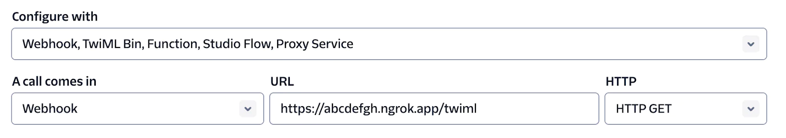 Twilio configuration options for incoming calls showing webhook URL and HTTP GET method. A screenshot showing Twilio console call service