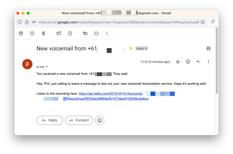 The Twilio console edit phone number screen. There are a number of fields, but the important part is adding the URL to the field in the voice configuration section after "A call comes in".