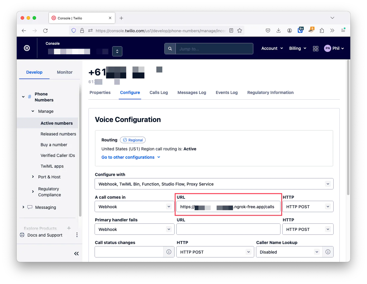 The Twilio console edit phone number screen. There are a number of fields, but the important part is adding the URL to the field in the voice configuration section after "A call comes in".