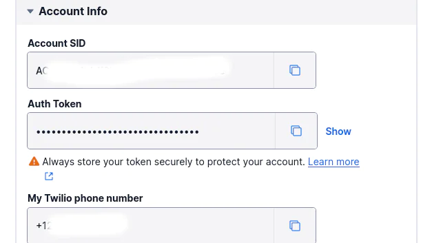 Account info section of Twilio console
