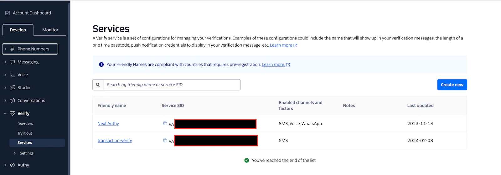 Twilio console showing how to create verify services