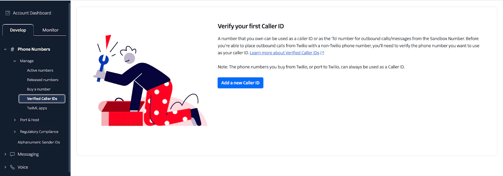 Twilio console showing how to add verified caller IDs