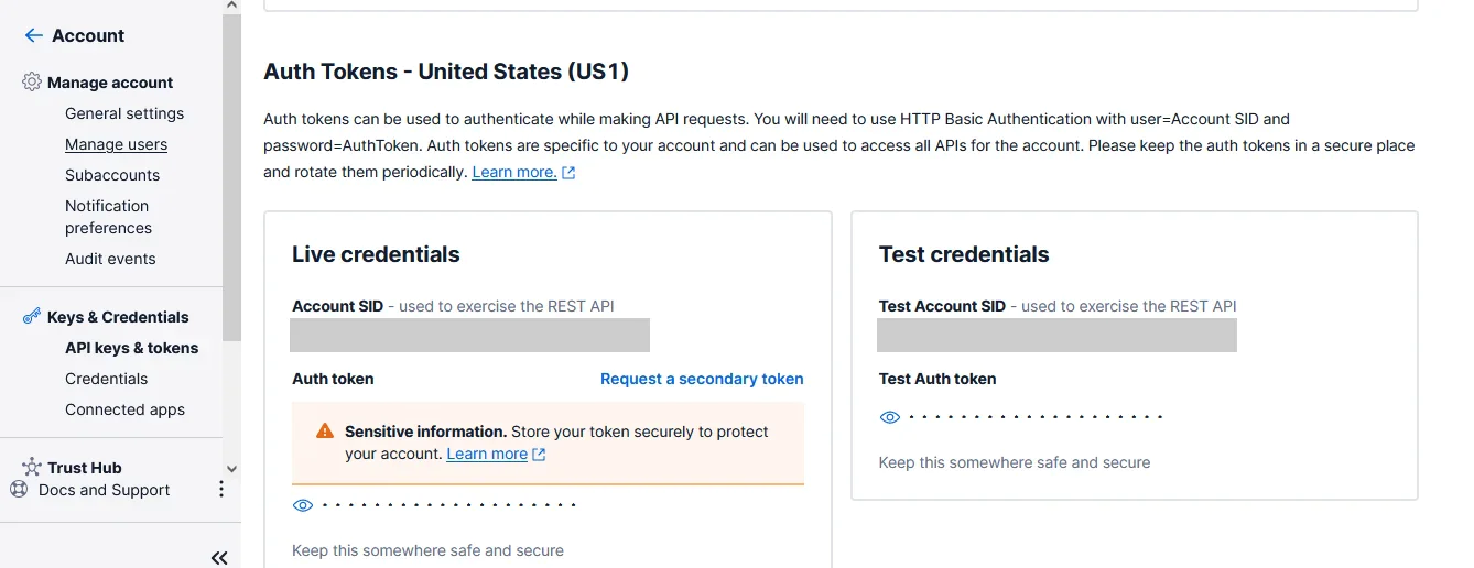 Auth Tokens Management Screen for REST API Access Account settings screen showing sections for live and test credentials with options to reset tokens.