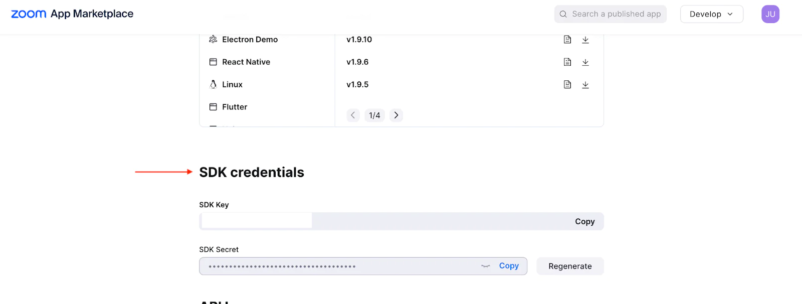 Screenshot of the "Build SDK" page showing the "SDK credentials" section