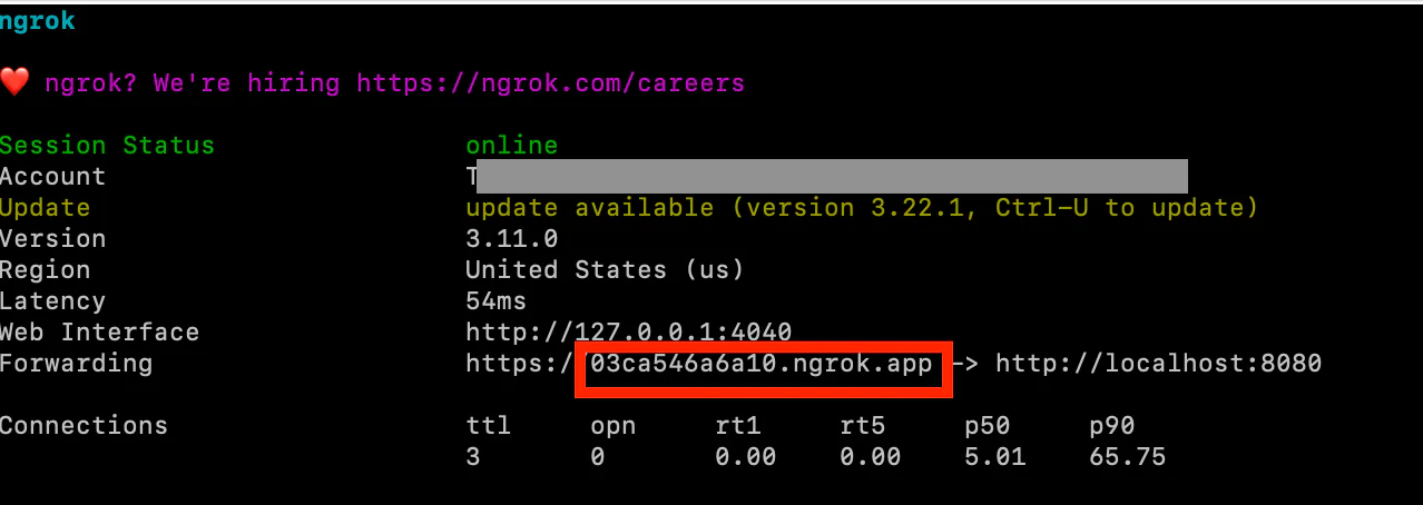 Screenshot of an Ngrok session status showing connection details, an active session, and a forwarding URL. Screenshot of an Ngrok session status showing connection details, an active session, and a forwarding URL.
