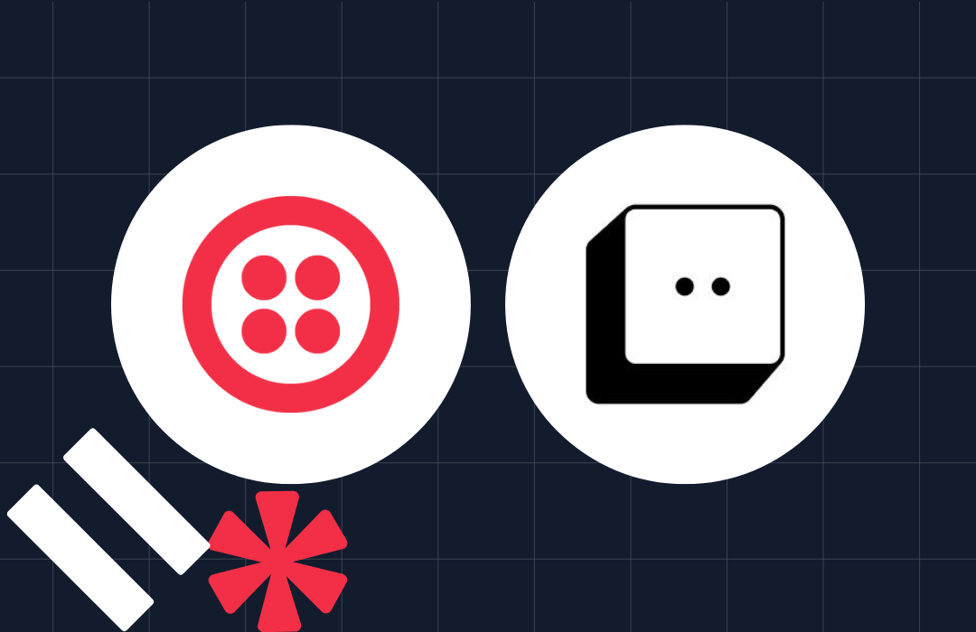 Logos of Twilio and Replit displayed on a dark grid background with white and red symbols.