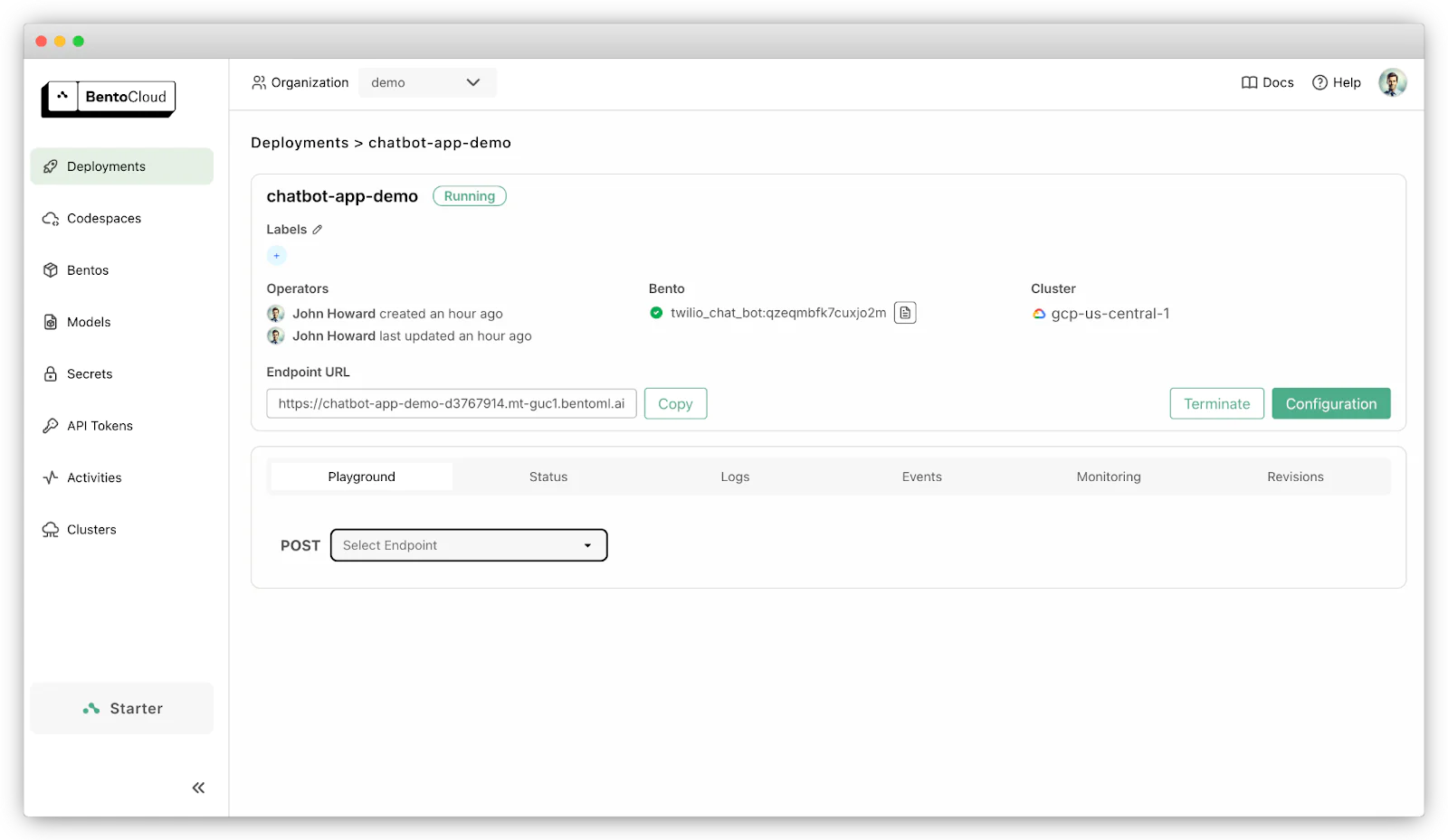BentoCloud interface showing deployment details for chatbot-app-demo in the Deployments tab. BentoCloud interface showing deployment details for chatbot-app-demo in the Deployments tab.