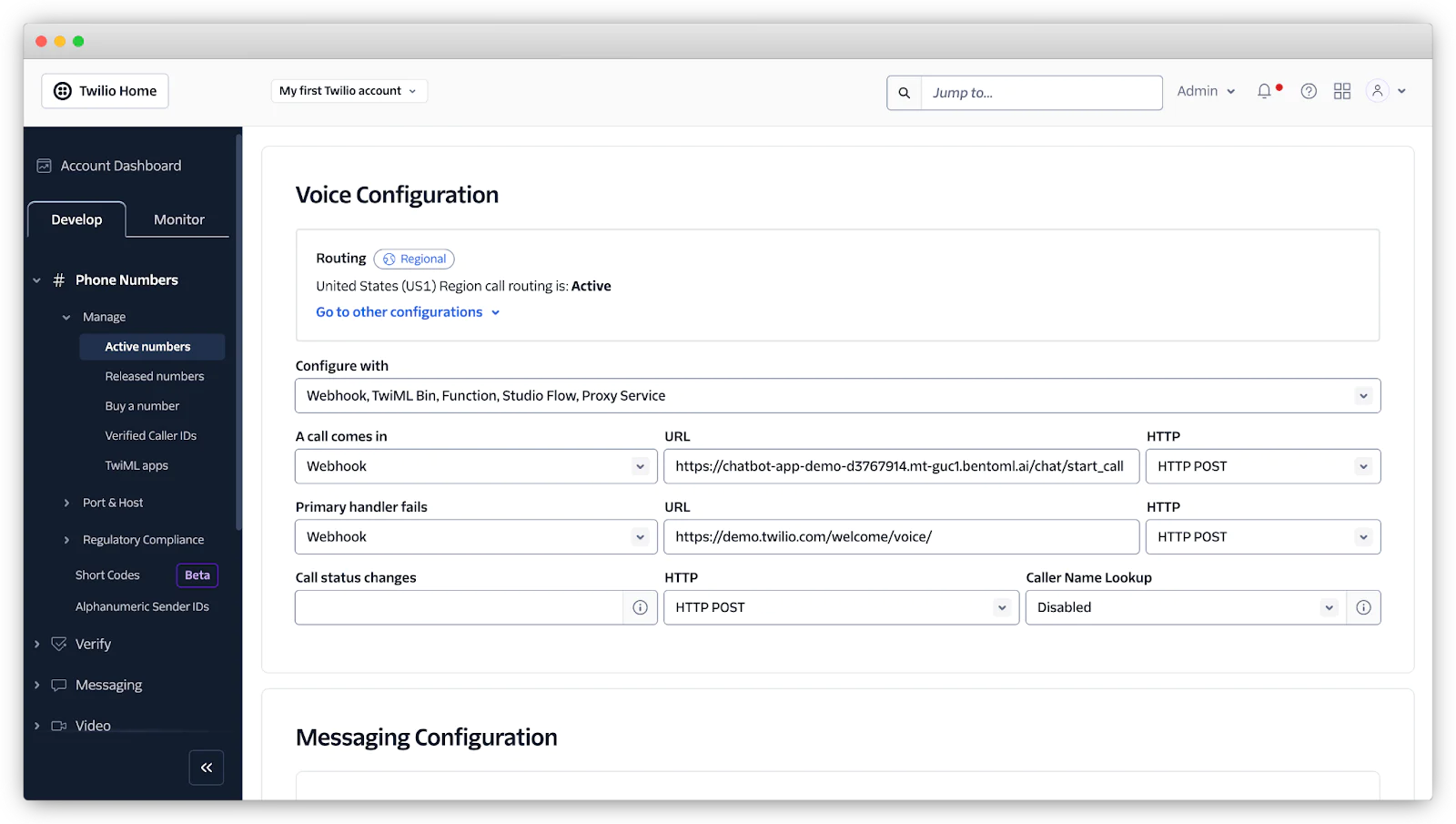 Twilio Voice Configuration Dashboard Screenshot of Twilio Voice Configuration settings showing routing and webhook URL options.