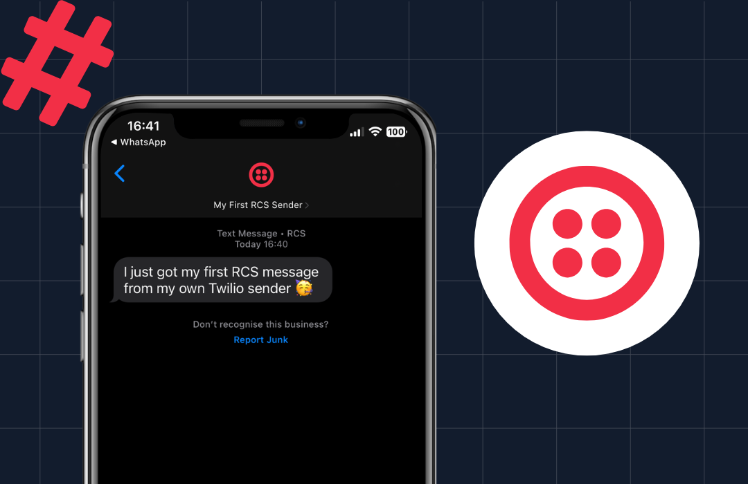 iPhone displaying first RCS message from Twilio sender on WhatsApp, hashtag in background with Twilio logo.