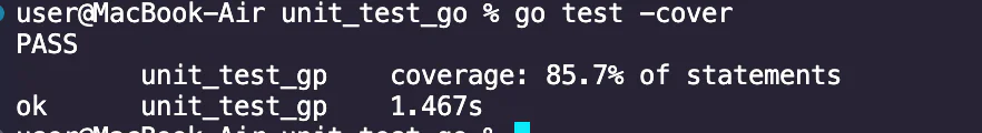 Terminal showing Go test results with coverage of 85.7% of statements. Usage of the -cover flag in Go tests to generate coverage reports.