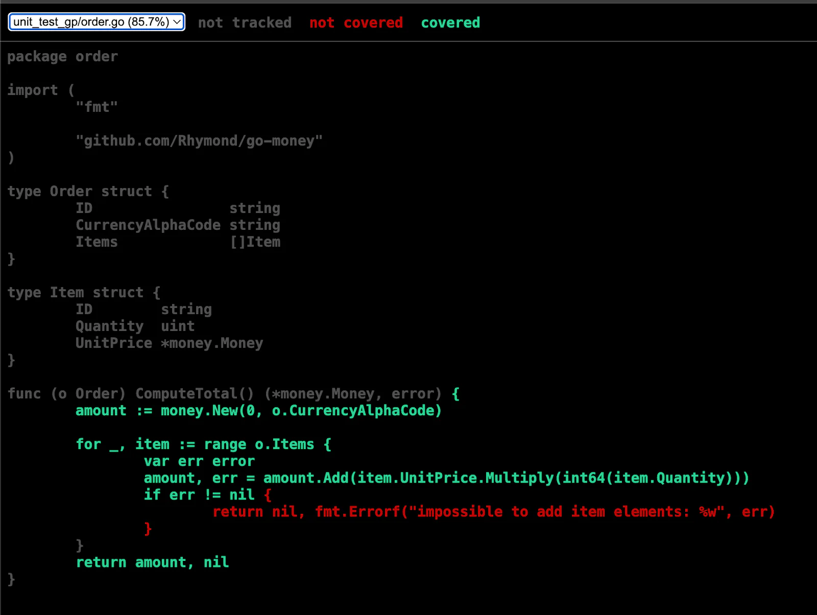 Screenshot of Go code defining types and a function with lines highlighted in different coverage statuses. Covergae test results displayed on the browser
