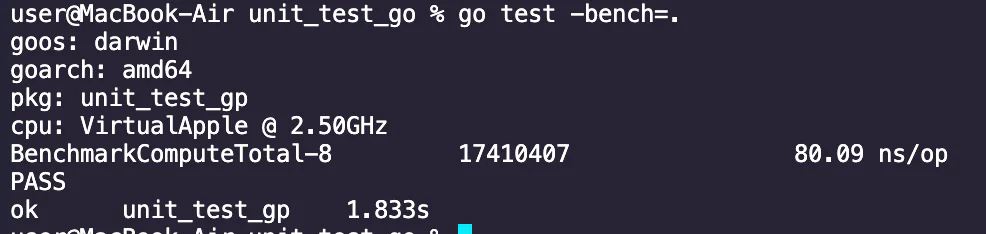 Terminal output showing results of running Go unit test with benchmarks on MacBook Air. output showing the implementation of a benchmark for measuring the performance of computing the total amount for an order with many items.
