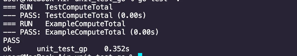 Terminal output shows results for TestComputeTotal and ExampleComputeTotal with all tests passing. Output showing how the example approach works. The example function ExampleComputeTotal showcases how to compute the total of an order, including instantiation, calculation, and output formatting.
