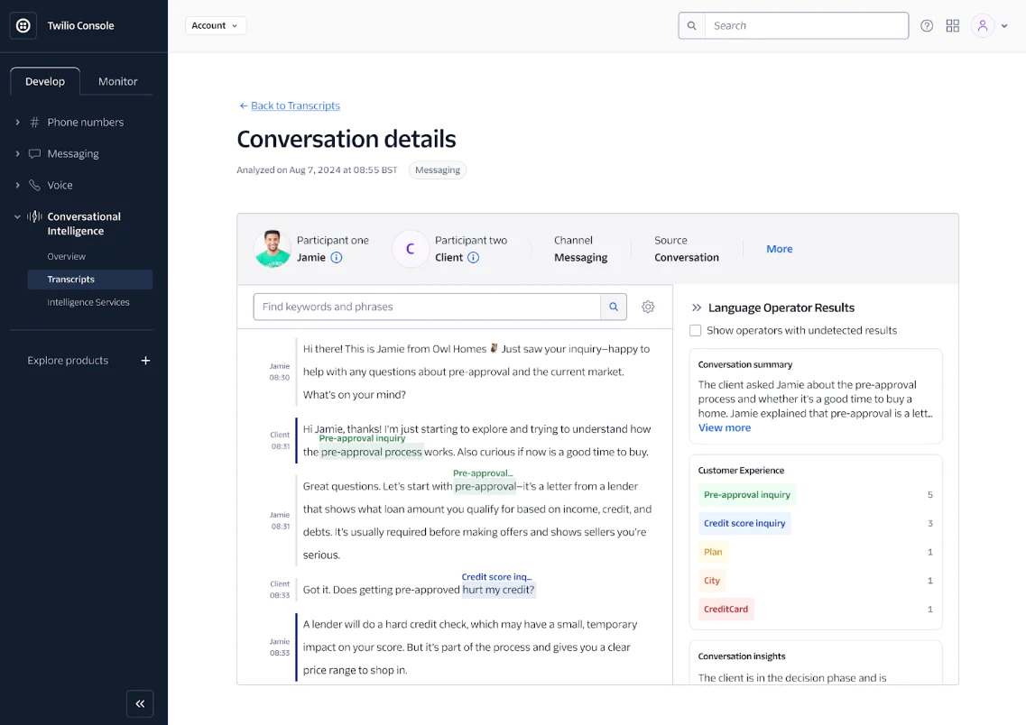 Twilio Console Conversation Details Screen Screenshot of Twilio Console showcasing conversation details between a customer and an operator with analytics summary.