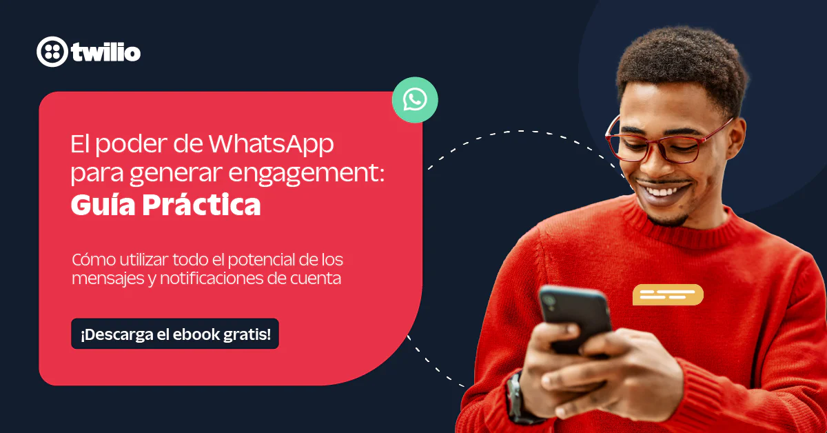 Man in red sweater looking at phone with text promoting a WhatsApp engagement guide.