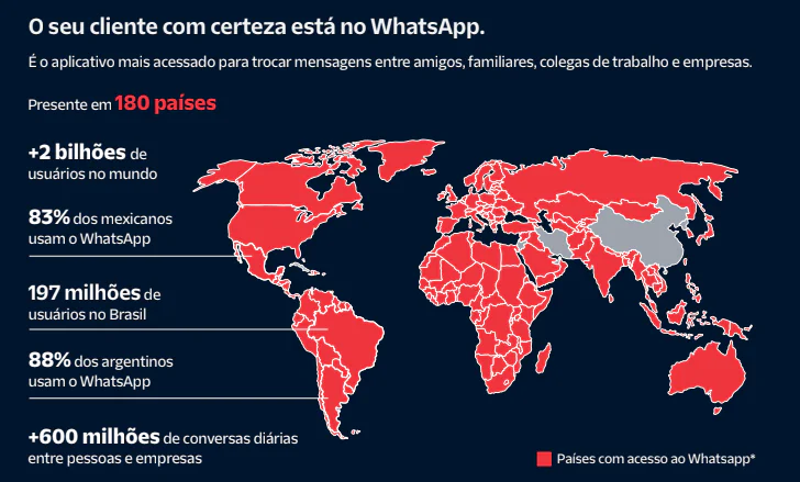 Map showing WhatsApp usage in various countries with key statistics highlighted.