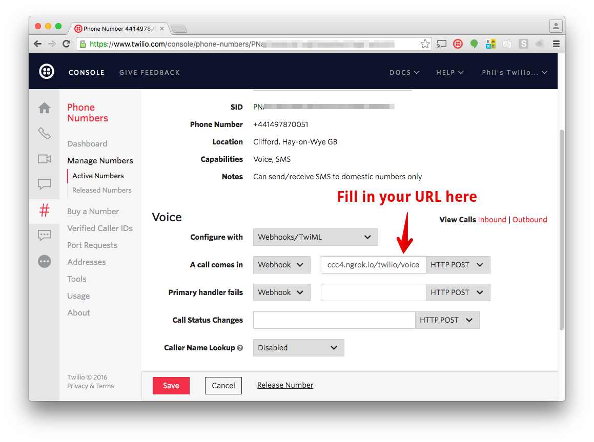 Fill in the ngrok URL combined with the path to the action that we created to the field in the number editing page under Voice : 'a call comes in'.