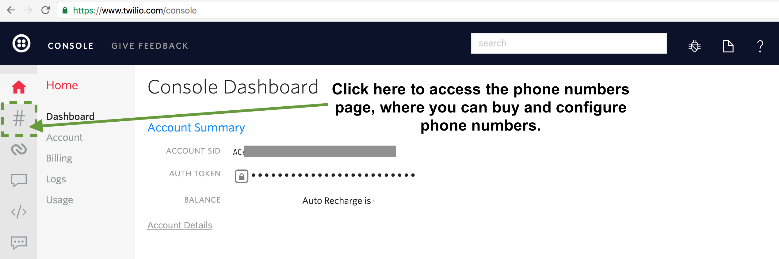 Twilio Console left nav phone numbers screen.