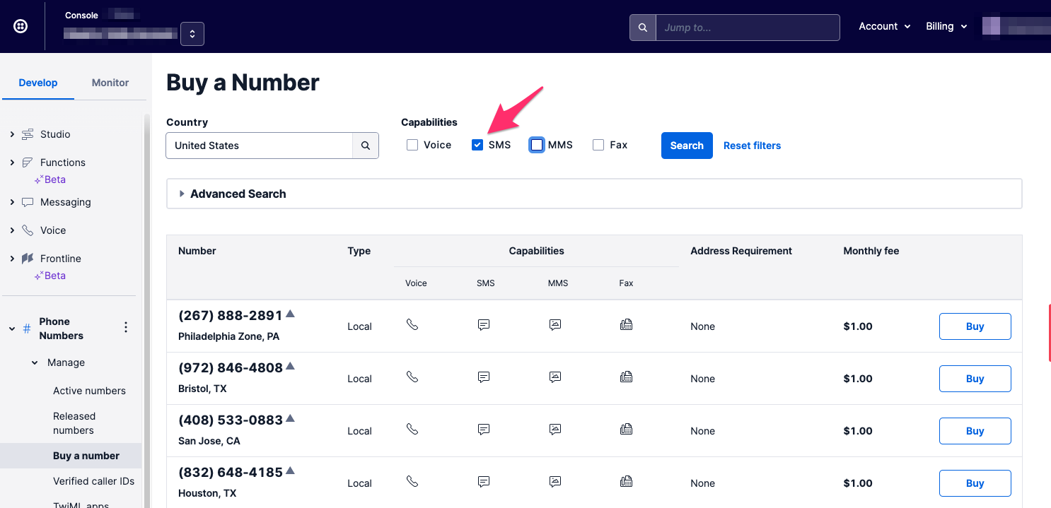 Buy an SMS-capable Twilio Number