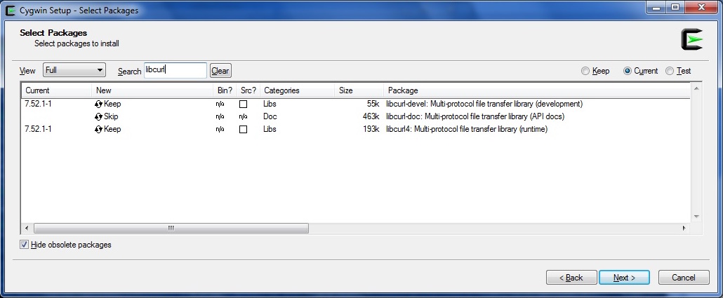 Installing libcurl-devel and curl in Cygwin