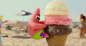 Patrick Star, from Spongebob Squarepants, enjoying an ice cream cone.