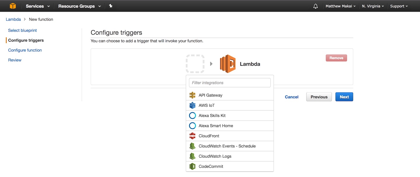 Configure Lambda trigger screen.