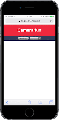 Die App sollte eine Überschrift &#x27;Camera fun&#x27; zeigen, mit einer Schaltfläche und einer leeren Dropdown-Box.