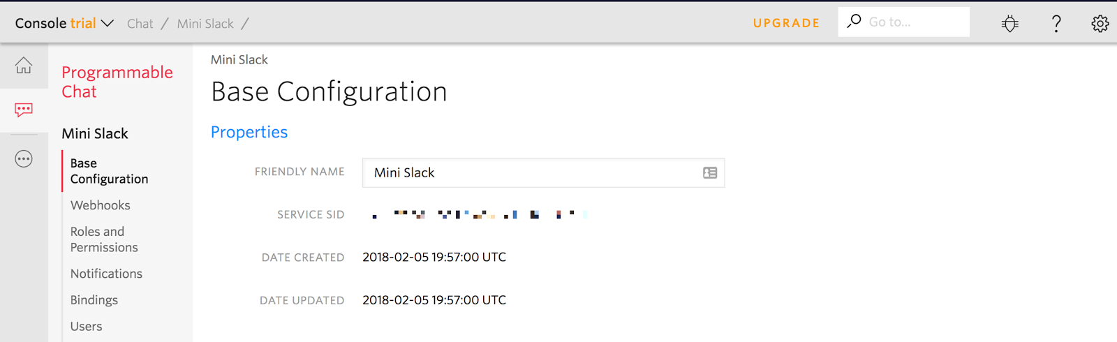 Twilio Chat Base Configuration screen