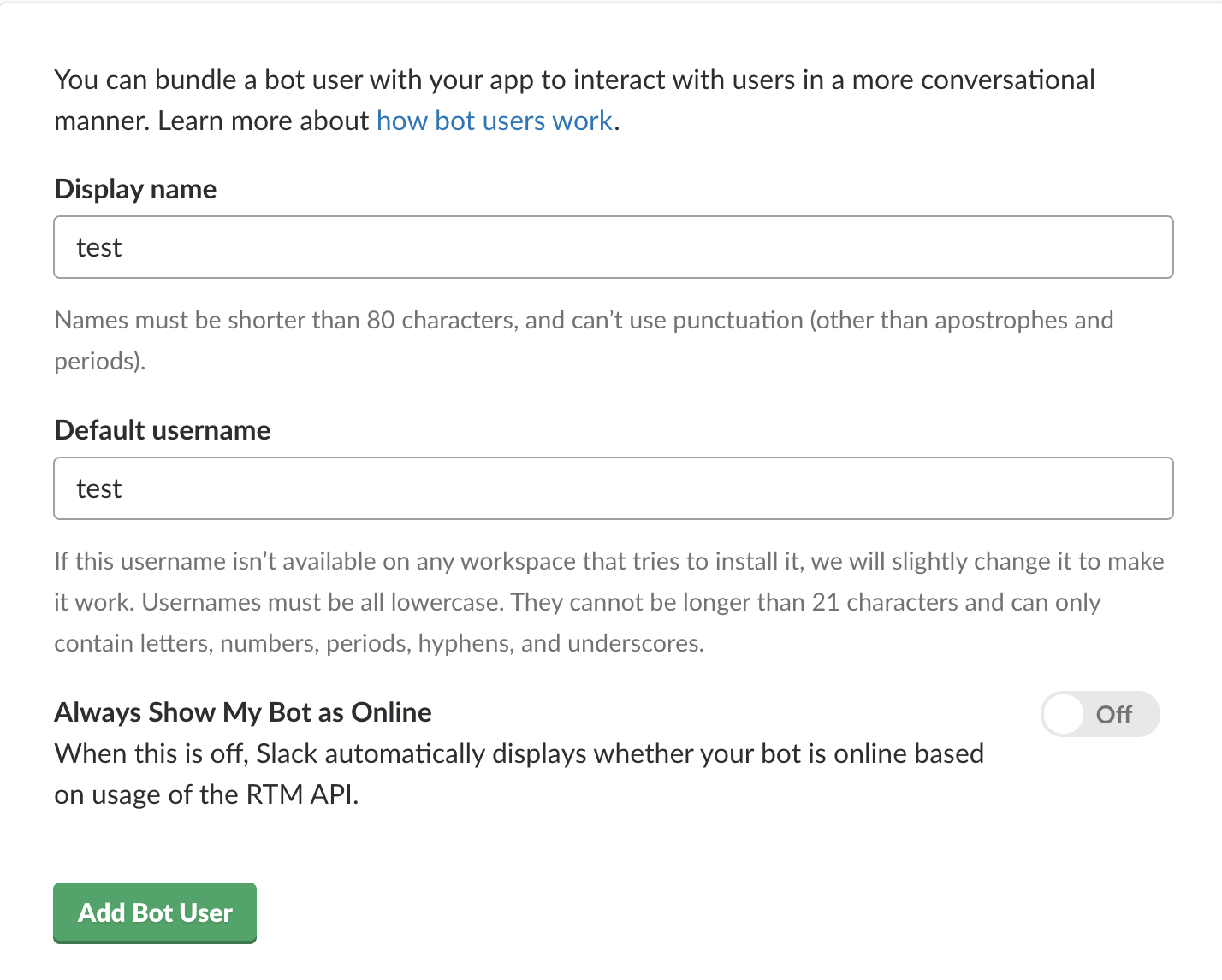 Fill out the add bot user form in Slack