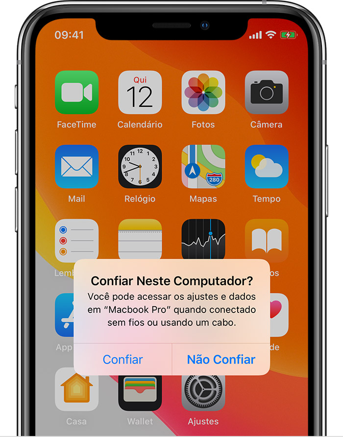 Tela do iPhone com mensagem solicitando confiar no computador