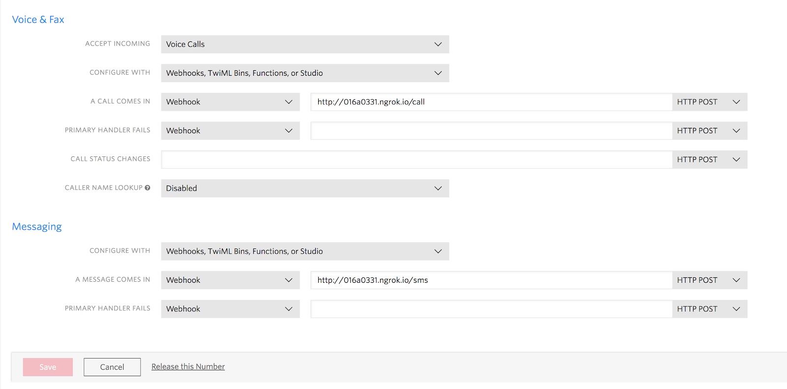 A screenshot of a user editing the settings in the dashboard of a Twilio phone number. The user adds “http://016a0331.ngrok.io/call in "Voice & Fax" > "A Call Comes In" and “http://016a0331.ngrok.io/sms in "Messaging" > "A Message Comes In".