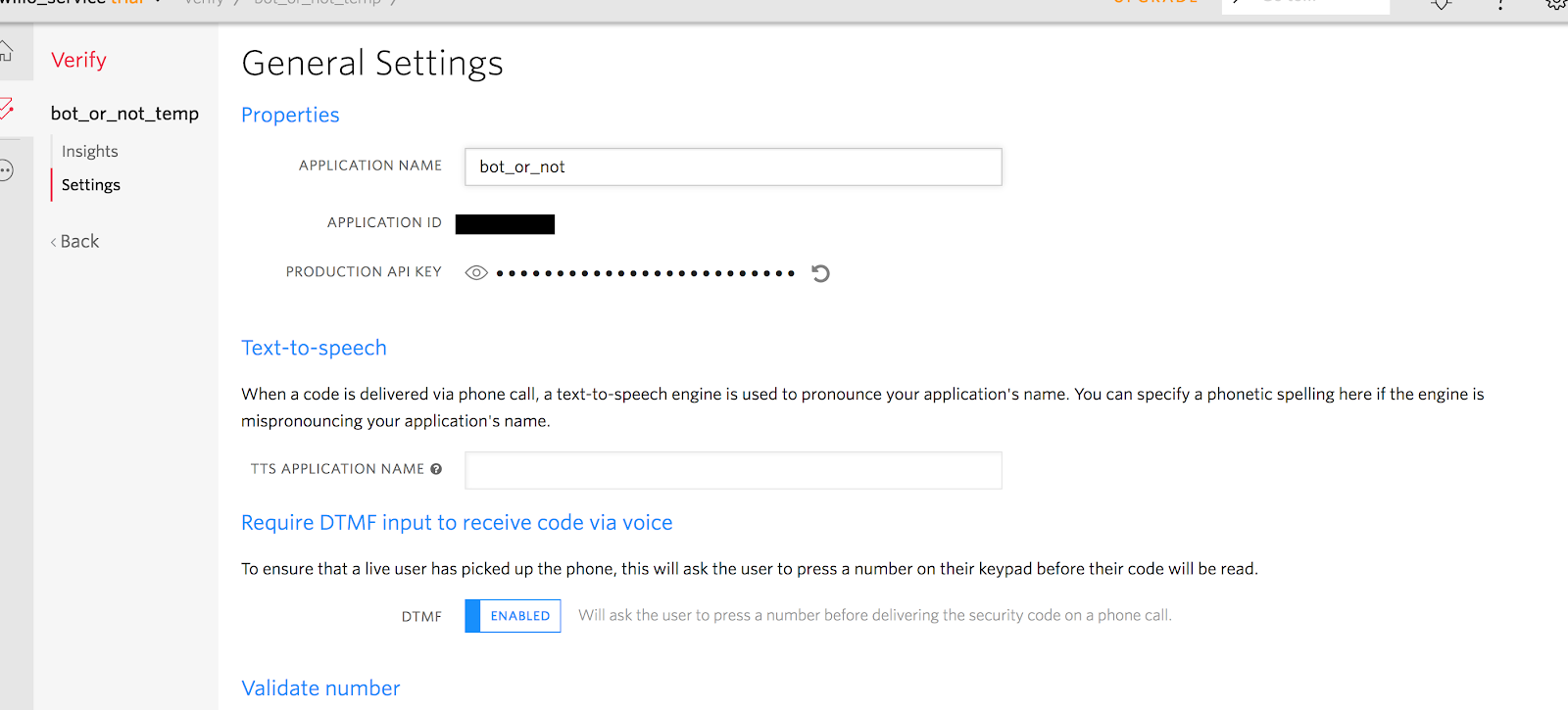 Twilio Console with Verify settings