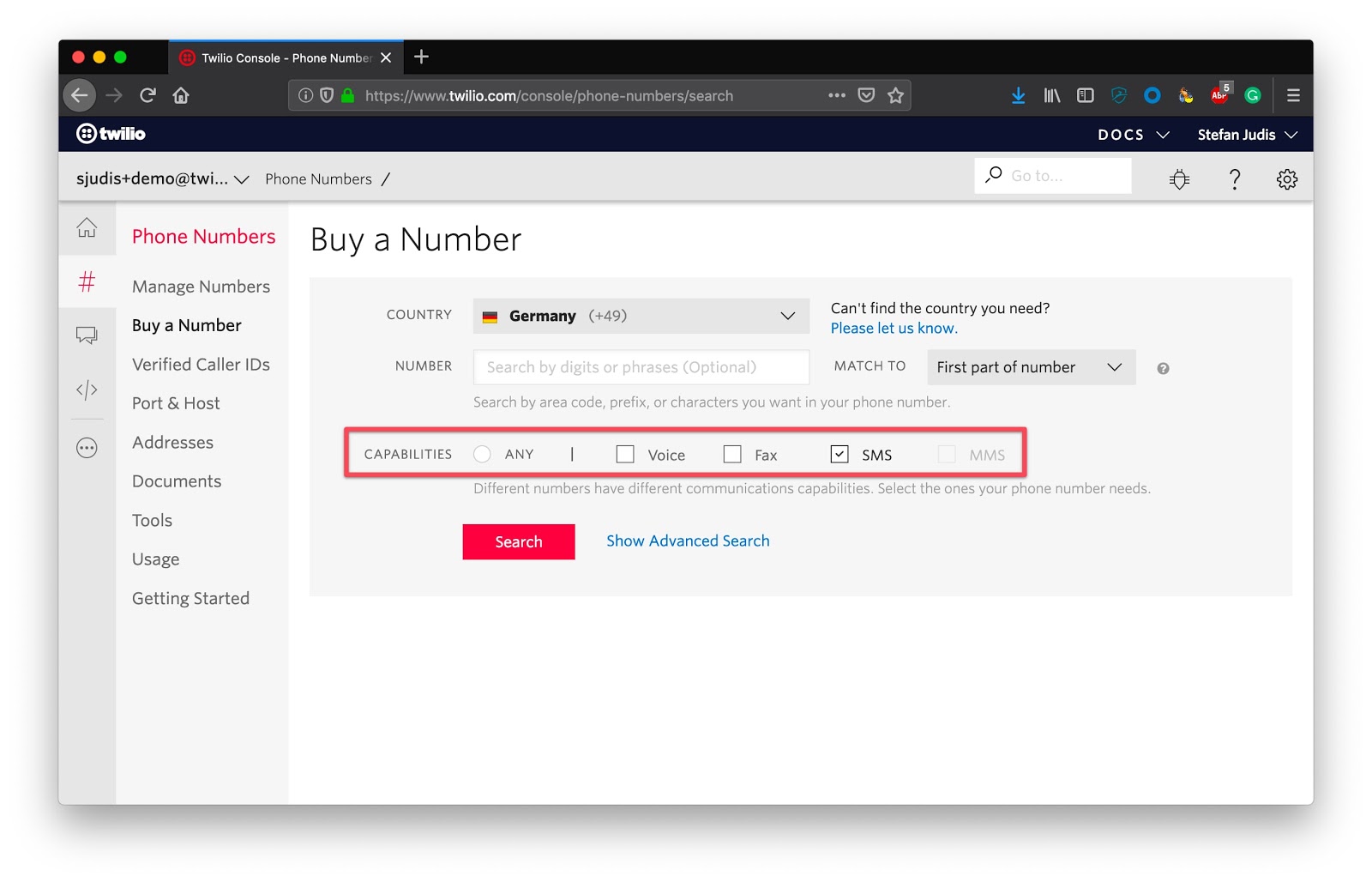 Twilio Console buy a number dialog