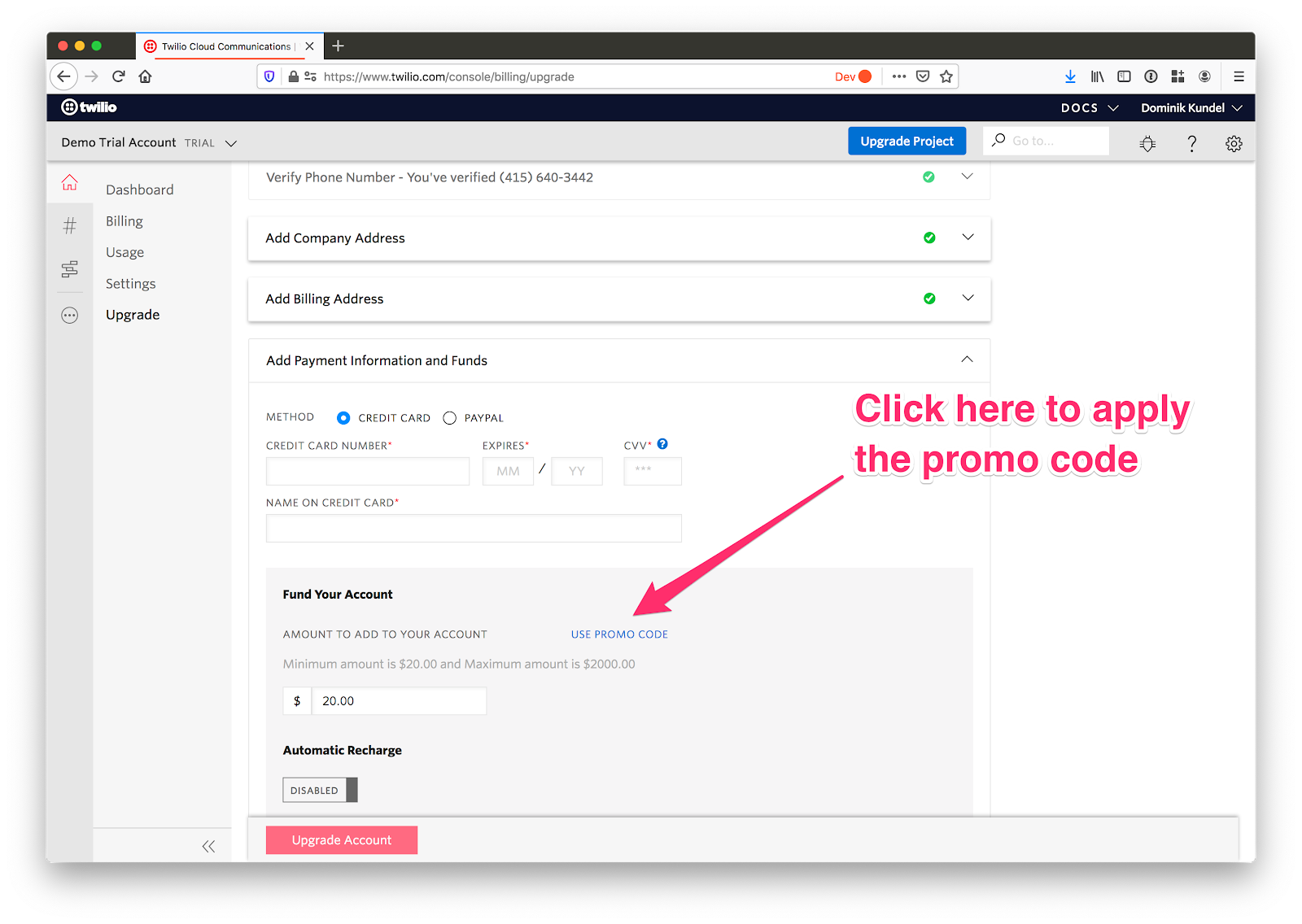 How to Apply a Twilio Promo Code