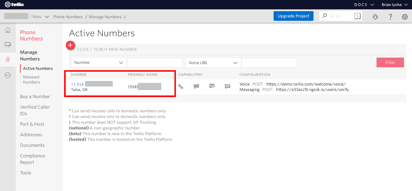 Twilio Phone Number dashboard