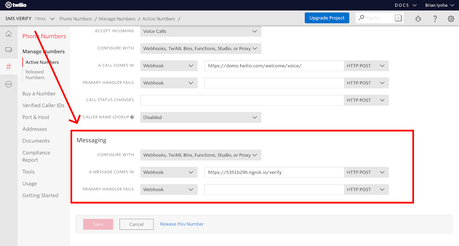 Twilio phone number setup