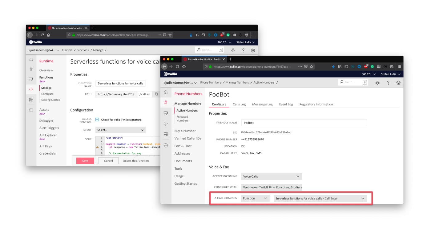 Overview of pasted functions in Twilio console and set call handling in number configuration