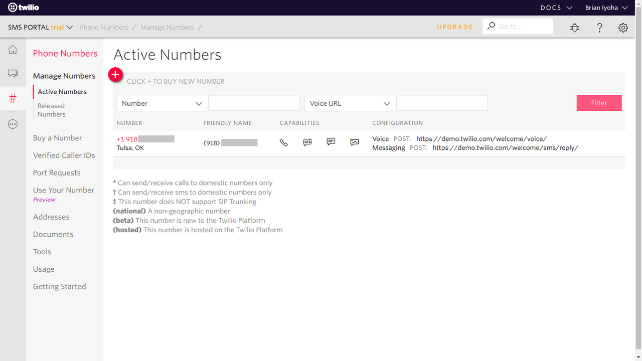 Panneau de numéro actif dans Twilio