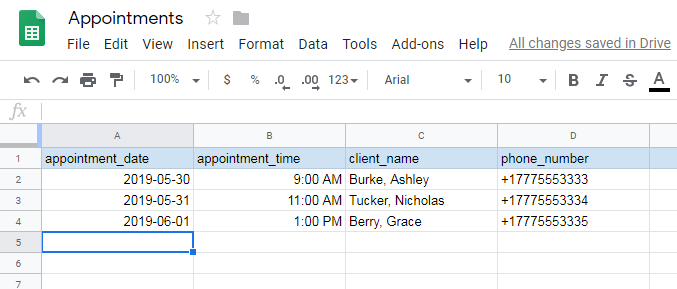 Google Sheets avec les colonnes appropriées pour ce projet