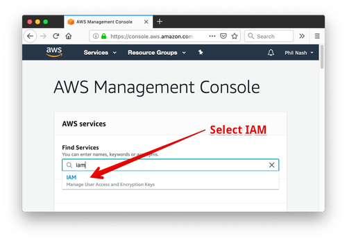 Wir suchen in der AWS Managementkonsole nach „IAM“ und wählen das Ergebnis aus der Dropdown-Liste aus.