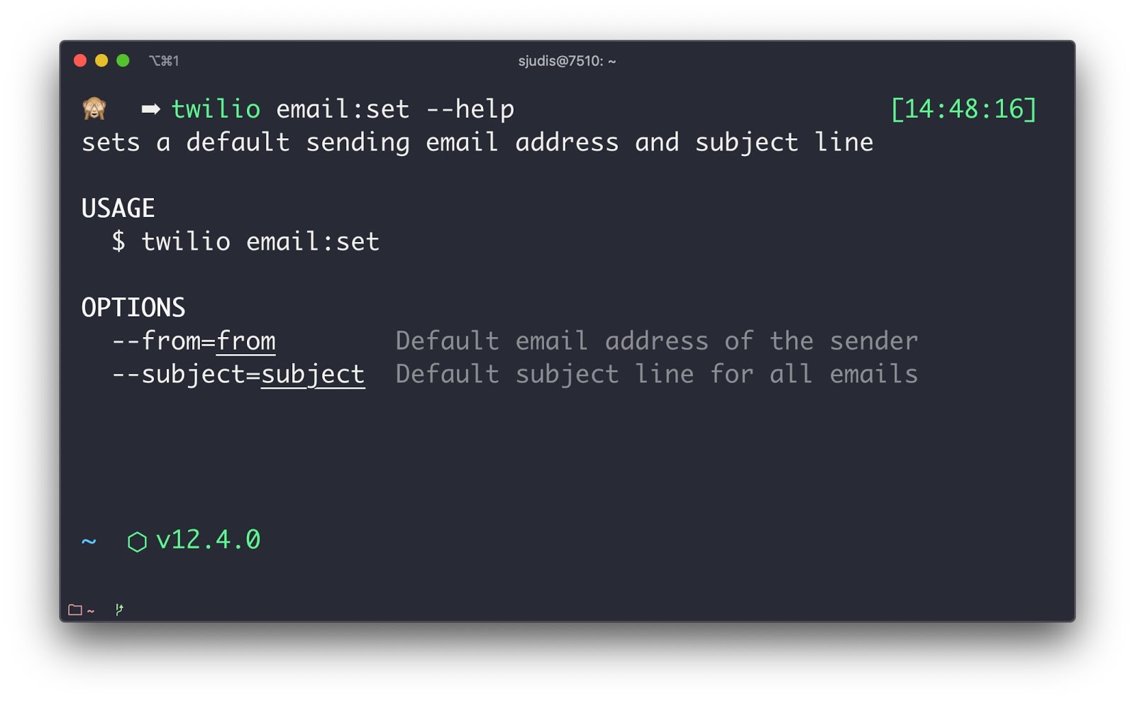 Help instructions afte running `twilio email:set --help`