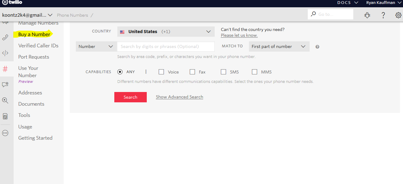 Buy a twilio number in the console