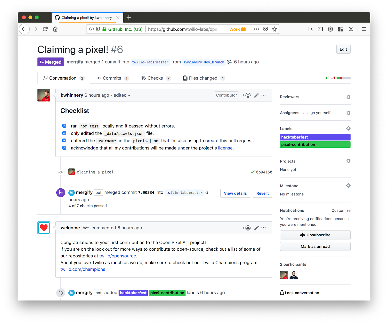 screenshot of a merged pull request on GitHub.com