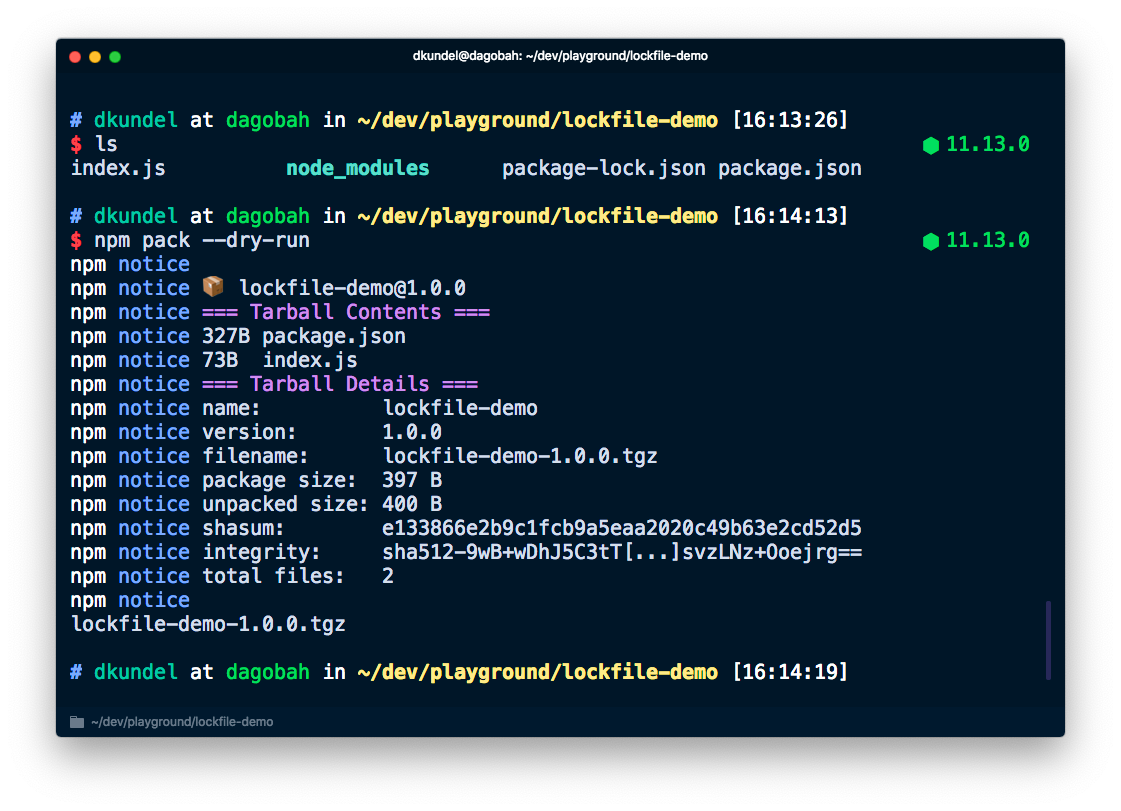 screenshot of running "npm pack --dry-run"