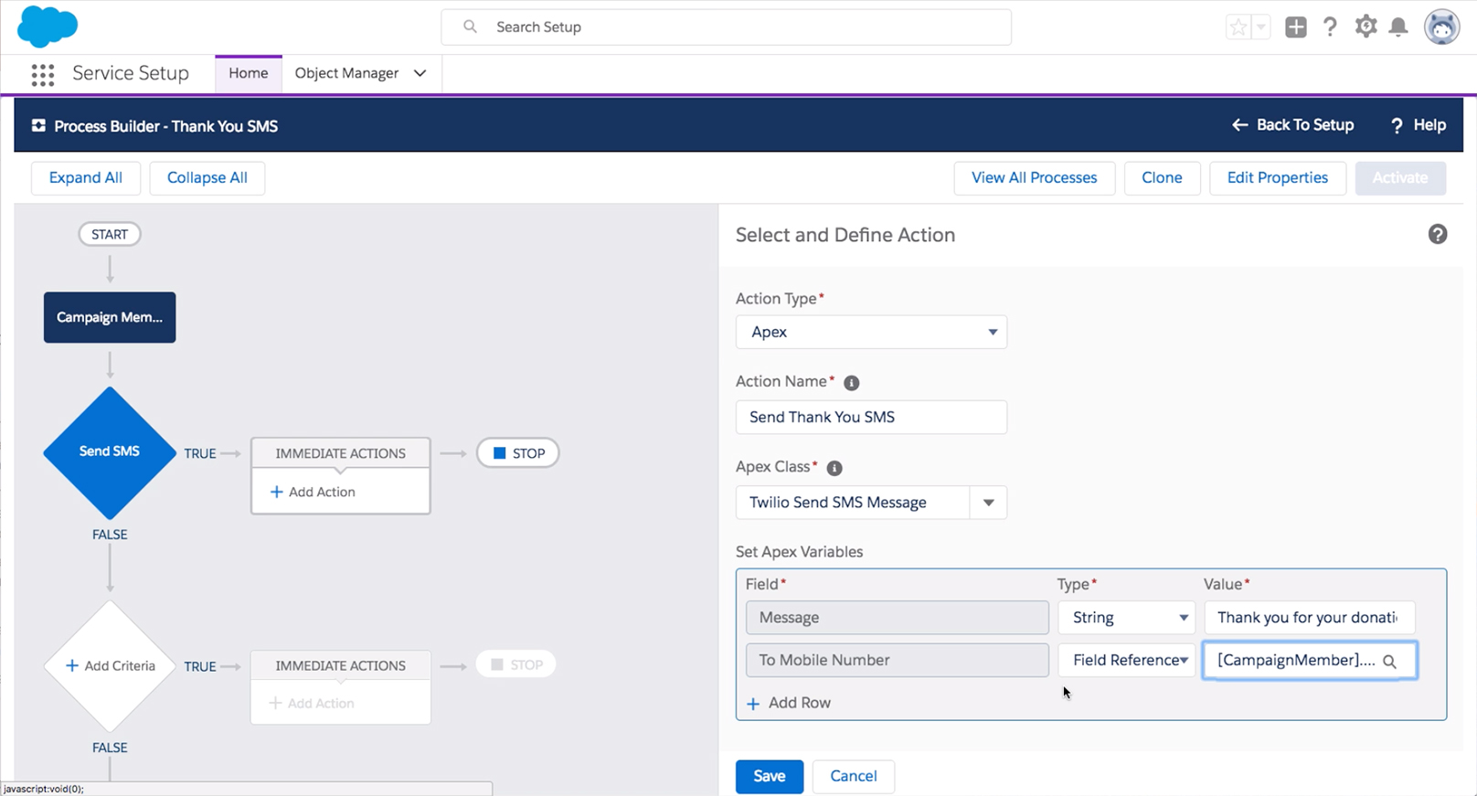 twilio for salesforce process builder